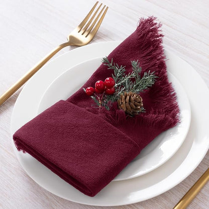 12 Pack Burgundy Red Cotton Linen Napkins with Fringe Christmas Red Cloth Napkins Set of 12 Boho Handmade Holiday Napkins Bulk for Wedding Baby Shower Christmas, 17 x 17 Inches