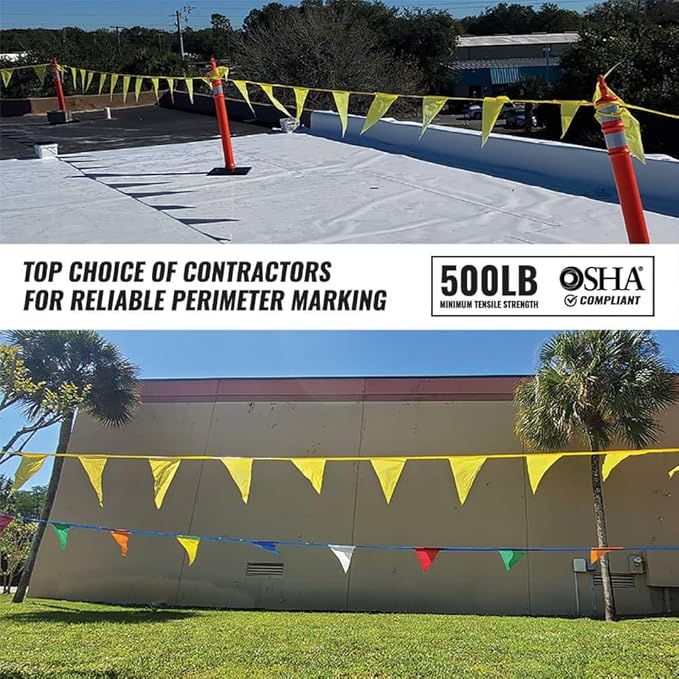 Pennant Banner Flags - OSHA 500lb Rated Safety Rooftop Flagging Barrier Traffic Party & Events - 105ft Strand Fade Resistant (Red, 12"x18"x105ft) …