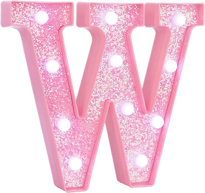 Pink LED Marquee Light Up Letters, Glitter Alphabet Letter Lights for Birthday Party Decorations, Battery Operated Letter Signs for Girls Room Table Decor, Pink letter W with Cool White Lights