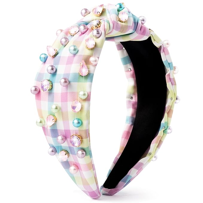 PANTIDE Pearl Jeweled Knotted Headband - Colorful Pearl Rhinestone Beads Embellished Headband Non Slip Wide Top Knot Costume Hairband Hair Accessories Spring Birthday Gift for Women Girls (Plaid)