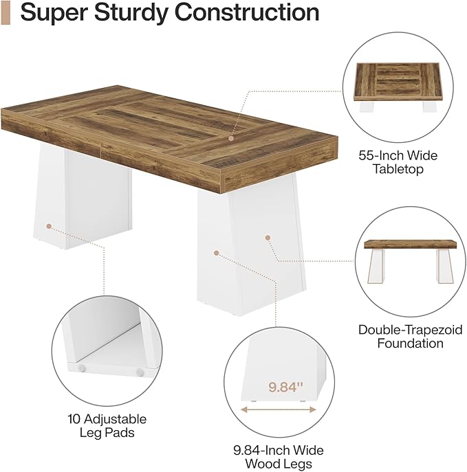 Tribesigns 55" Executive Desk, Wooden Office Desk with Double Pedestal, Modern Simple Computer Writing Table for Home Office, Brown & White