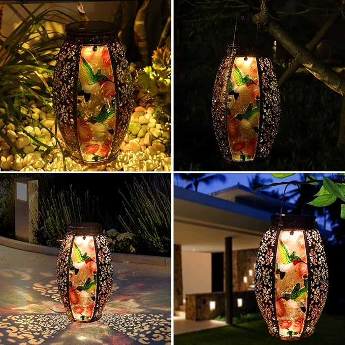 Solar Lanterns Outdoor Light Waterproof Hummingbird Garden Glass Decor Light Gifts for Women Mom Grandma Hanging Solar Decoration Lights Metal Outside for Yard, Backyard, Patio