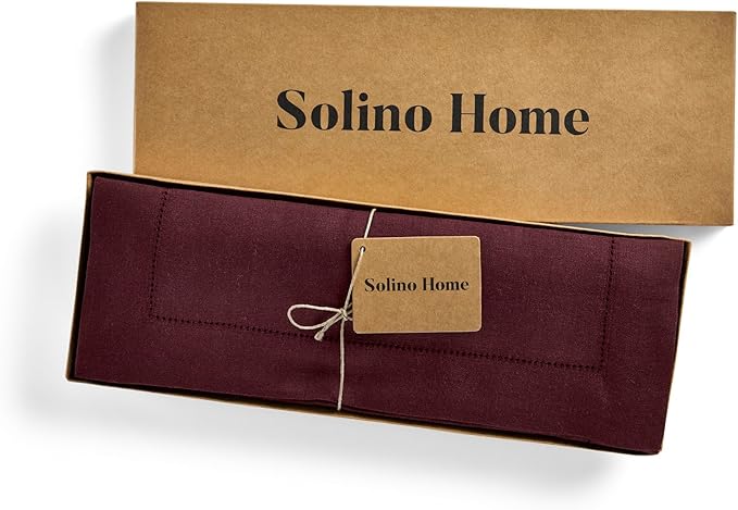 Solino Home Linen Cloth Placemats Set of 4 - 100% Pure Linen Hemstitch Burgundy Placemats 14 x 19 Inch - Classic Hemstitch Table Place Mats for Fall, Autumn, Holiday, Winter