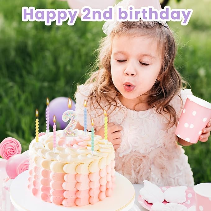 MTLEE Number 2 Birthday Candle with 12 Pcs Spiral Candles for Girls Macaron Pastel Rainbow Unicorn Pink Cake Topper for Sweet Theme Party Decoration