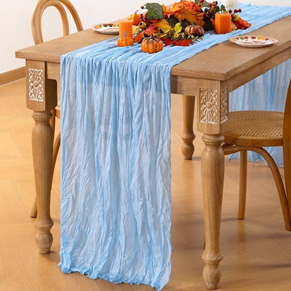 MLMC Light Blue Table Runner Baby Blue Cheesecloth Table Runner 10ft Baby Shower Decorations Rustic Gauze Cheese Cloth Centerpiece 35x120 Inches for Gender Reveal Birthday Party Wedding Decor