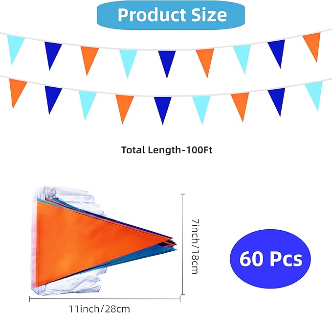 100 Feet 60 Pcs Blue Orange & Dark Blue Pennant Banner Flags, Triangle DIY Flag, Bunting Streamer Decor for Grand Opening, Birthday, Wedding Celebration