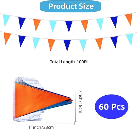 100 Feet 60 Pcs Blue Orange & Dark Blue Pennant Banner Flags, Triangle DIY Flag, Bunting Streamer Decor for Grand Opening, Birthday, Wedding Celebration
