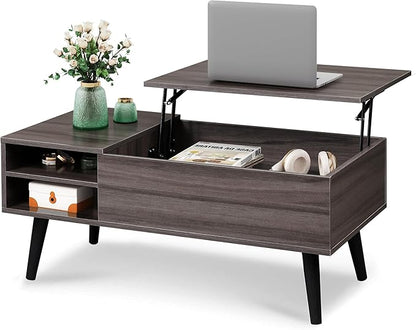WLIVE Lift Top Coffee Table for Living Room, Small Coffee Table with Storage, Adjustable Shelf and Storage Compartment, Mid Century Modern Living Room Table, Wood, Grey