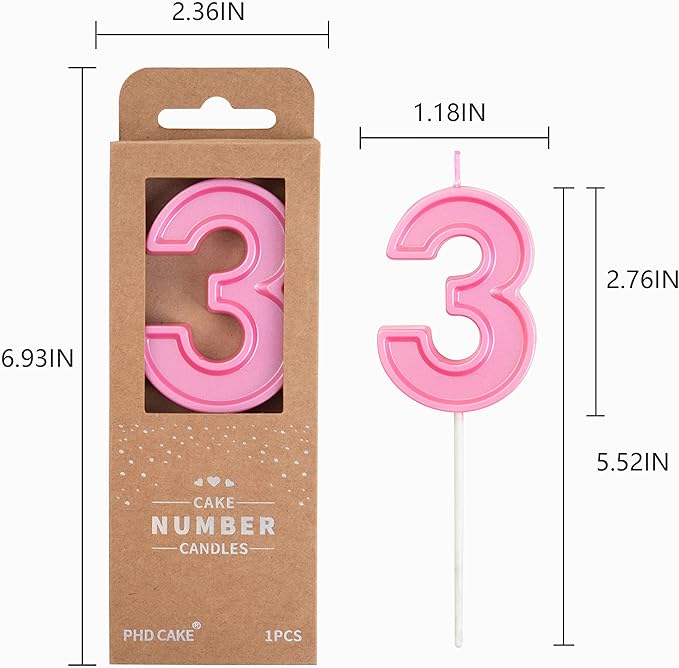 PHD CAKE 2.76 Inch Luxe Pink 3 Number Birthday Candles, Pink Number Candles, Cake Number Candles, Party Celebration