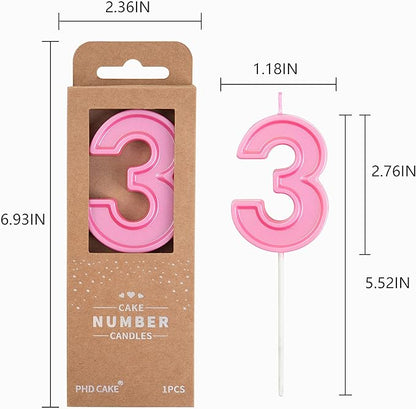 PHD CAKE 2.76 Inch Luxe Pink 3 Number Birthday Candles, Pink Number Candles, Cake Number Candles, Party Celebration