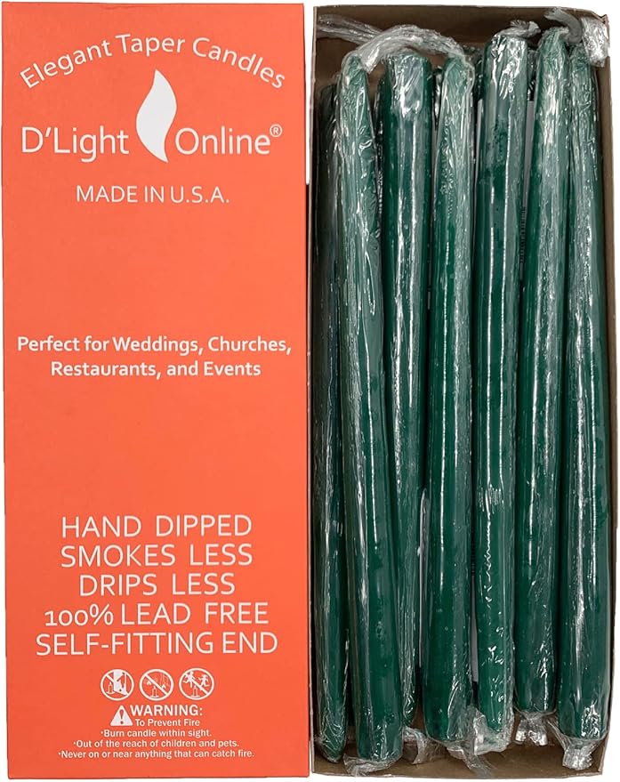 D'light Online Elegant 10" Unscented Dark Green Taper Candles, Premium Quality Hand-Dipped Tapered Candles, Dripless and Smokeless - Set of 12 Individually Wrapped (10 Inch, Dark Green)