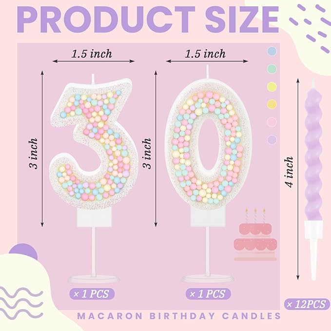MTLEE Number 30 Birthday Candle with 12 Pcs Spiral Candles for Girls Macaron Pastel Rainbow Unicorn Pink Cake Topper for Sweet Theme Party Decoration
