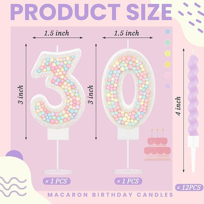 MTLEE Number 30 Birthday Candle with 12 Pcs Spiral Candles for Girls Macaron Pastel Rainbow Unicorn Pink Cake Topper for Sweet Theme Party Decoration