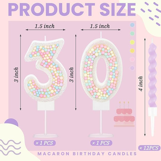 MTLEE Number 30 Birthday Candle with 12 Pcs Spiral Candles for Girls Macaron Pastel Rainbow Unicorn Pink Cake Topper for Sweet Theme Party Decoration
