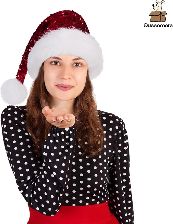 Queenmore Adult's Christmas Santa Claus Hat, Plush Santa Cap, Velvet Headwear, Lined and Fabric-Shedding Resistant