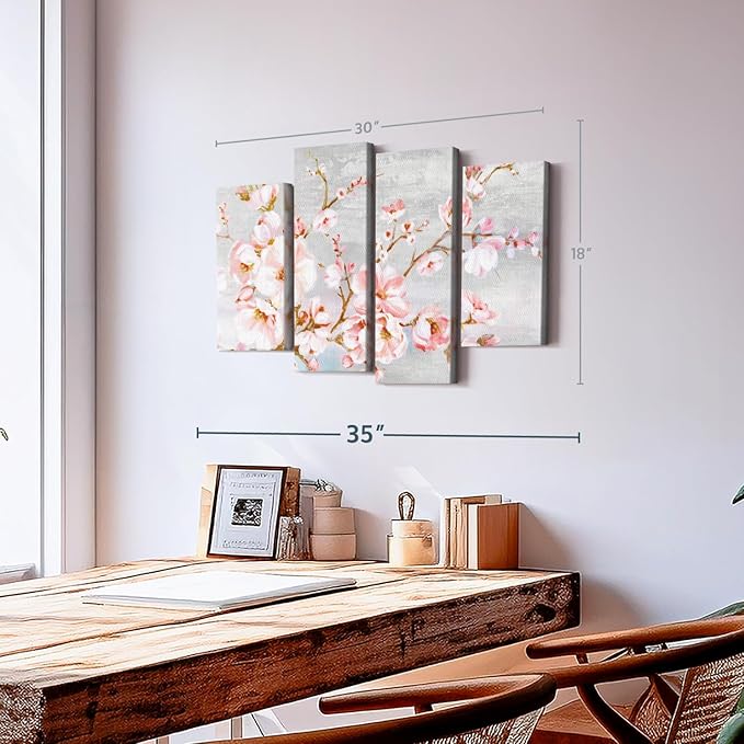 Elephant Stock Spring Cherry Blossoms Wall Art - Horizontal Canvas - 4-Piece Living Room Wall Decor - Painting Floral and Botanical Canvas Print - Pink and Brown Decor for Wall by Eva Watts - 30" X 18"