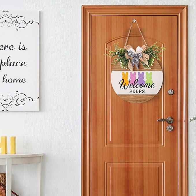 Harooni Easter Decorations Welcome Peeps Door Sign, Cute Bunny Easter Wreaths for Front Door Farmhouse Spring Door Hanger Wooden Wreath Sign with Bow Easter Porch Decorations for Home Yard Garden