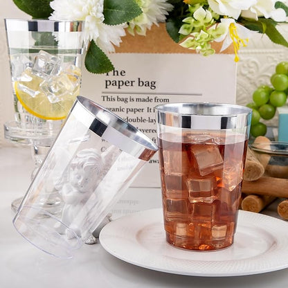 I00000 50 Pack 12 oz Silver Plastic Cups, Silver Rimmed Disposable Cups, Party Wine Glasses Disposable Cocktail Glasses Heavy Duty Cups with Silver Rim, 12 Ounce Plastic Tumblers For Party