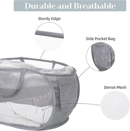 Durable Collapsible Laundry Baskets, Mesh Pop Up Laundry Hamper with Side Pocket, Foldable Clothes Hamper with Reinforced Carry Handles for Laundry, Bathroom, Kids Room, Dorm or Travel 2 Pack Grey