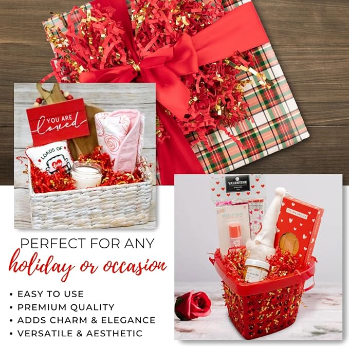 MagicWater Crinkle Cut Paper for Gift Baskets - 2LB - Red & Gold - Perfect for Shredded Paper Filler, Basket Filler, Gift Boxes, Bridesmaid Gifts, Christmas Stuffers & More – Ideal for All Occasions