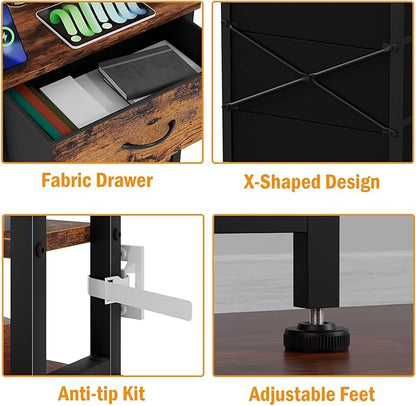 Furnulem Tall Night Stand with LED & USB Ports, 45.3inch Nightstand with Open Bookshelf, Bedside Table with 3 Fabric Drawers for Bedroom/Dorm/Office, Rustic Brown Wood-Metal Frame