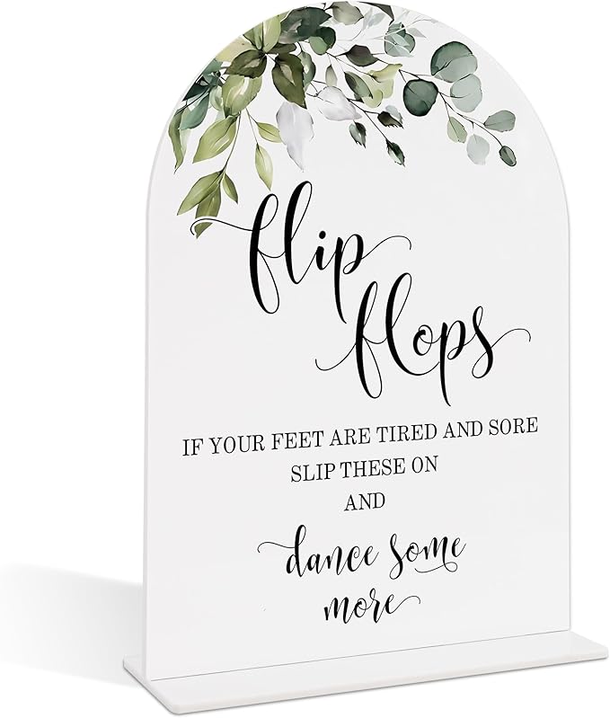 Wedding Signs for Reception, Green Leaves Flip Flops Sign, Wedding Reception Signage, Bridal Shower Table Decorations with Base, Dance Floor Accessories for Proposal, Bridal Shower Events Ceremony, 11