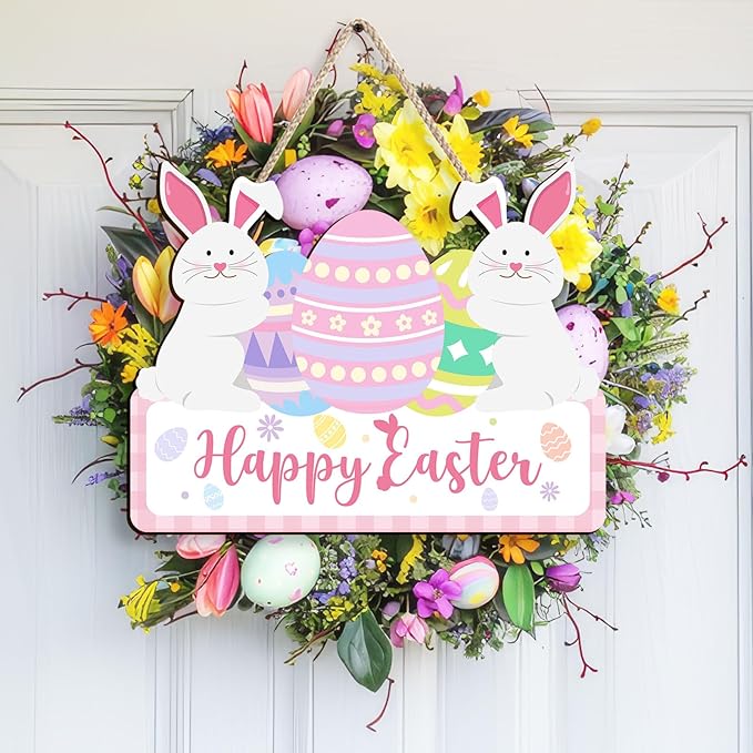 Kercan Easter Wood Decor Sign - Vintage Easter Egg Bunny Wooden Hanging Door Sign Welcome Printed Wood Wall Art Decorative Sign Hanging Rustic Farmhouse Decoration Retro Hello Spring Porch Plaques