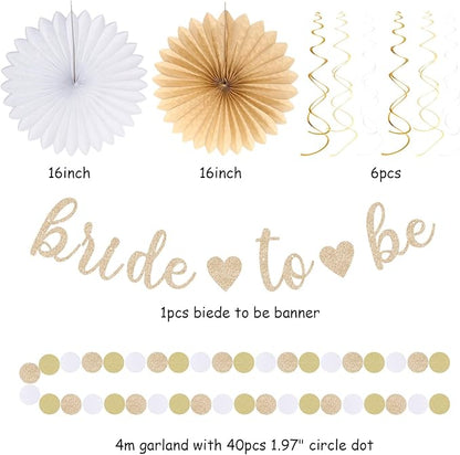 White Champagne Gold Boho Bachelorette Party-Decorations - 21pcs Women Bridal Shower Banner Garland,Bride To Be Paper Streamers Lanterns,Flower Tissue Pom Poms Fan Favors Wedding Decor Huglony