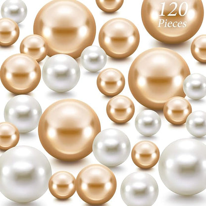 Hicarer 120 Pieces Pearl for Vase Filler Pearl Bead Vase Centerpieces Brush Holder Assorted Round Faux Bead for Crafting, Home Wedding Table Decor 14/20/30 mm(Creamy White, Gold)