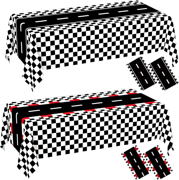 WNINK 4 Pack Race Car Table Cloth and Black White Gingham Tablecloths Disposable Plastic Buffalo Check Tablecloth Checkered Flag Covers for Birthday, Outdoor Picnic, Birthday, Camping 54 × 108 Inch