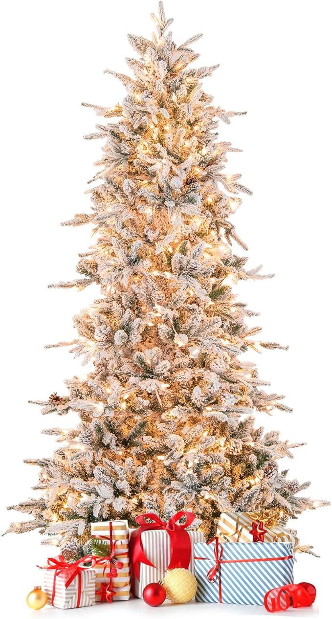 GOFLAME 7.5FT Pre-Lit Christmas Tree Snow Flocked, Hinged Artificial Xmas Tree with 1107 Branch Tips, 47 Natural Pine Cones, 350 Warm White Incandescent Lights, Holiday Decoration Tree for Home Office