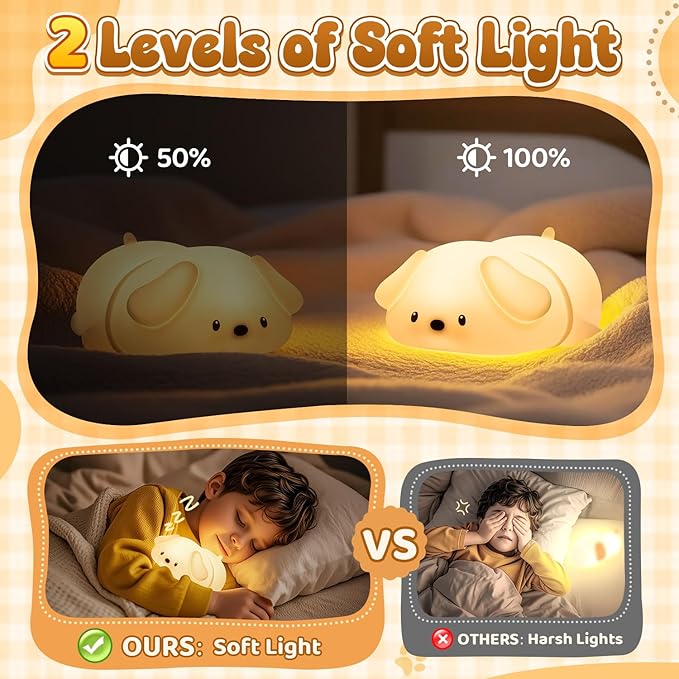 One Fire Squishy Silicone Dog Night Light for Kids—16-Color Gradient Breathing Lamp with 25Hr Battery, Tap Control & Portable Design for Nursery/Bedroom/Travel