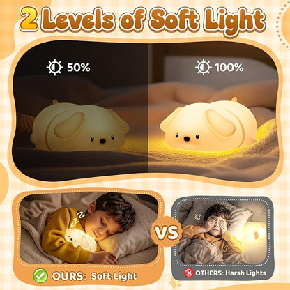 One Fire Squishy Silicone Dog Night Light for Kids—16-Color Gradient Breathing Lamp with 25Hr Battery, Tap Control & Portable Design for Nursery/Bedroom/Travel