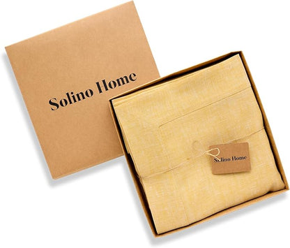 Solino Home Linen Tablecloth 60 x 120 Inch - 100% Pure Linen Chambray Mustard Yellow Table Cloth for Rectangular Tables - Athena, Machine Washable Cloth Tablecloth