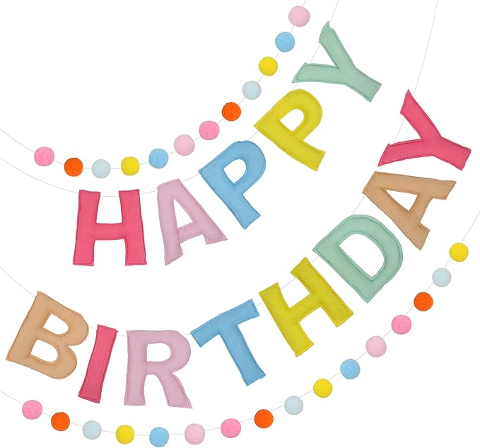 2 PCS Pre-Strung 3D Felt Happy Birthday Banner - Reusable Macaron Happy Birthday Decorations Sign, Felt Ball Garland, Pom Pom Garland, Party Decor, Photo Prop
