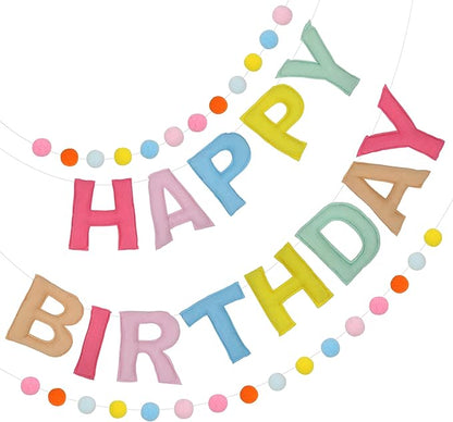 2 PCS Pre-Strung 3D Felt Happy Birthday Banner - Reusable Macaron Happy Birthday Decorations Sign, Felt Ball Garland, Pom Pom Garland, Party Decor, Photo Prop