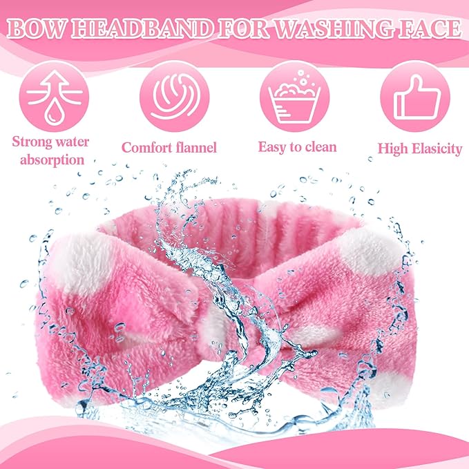 50 Pcs Pink Spa Headband Bulk Spa Sleepover Party Supplies for Washing Face with Removable Bow Makeup Elastic Bowknot Headbands for Women Gifts Soft Skincare Microfiber Hairbands(Dots Style)