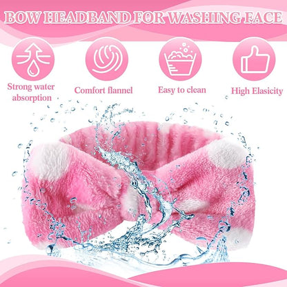 50 Pcs Pink Spa Headband Bulk Spa Sleepover Party Supplies for Washing Face with Removable Bow Makeup Elastic Bowknot Headbands for Women Gifts Soft Skincare Microfiber Hairbands(Dots Style)