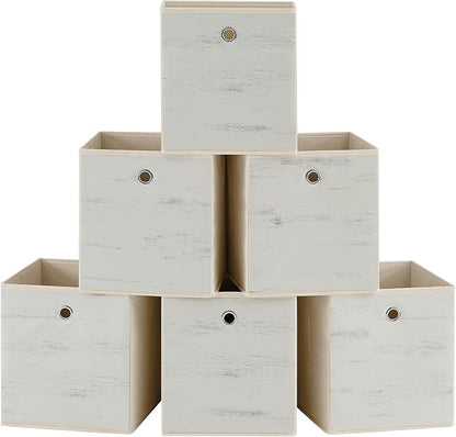 SONGMICS Storage Cubes, Set of 6 Storage Bins with Handles, Foldable Oxford Fabric and Non-Woven Fabric Storage Boxes, 10.2 x 10.2 x 11 Inches, Fit Cube Storage Unit, Vintage White URFB126W01