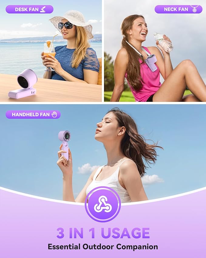 Portable Handheld Turbo Fan, 5-Speed Personal Fans, 5000mAh Rechargeable Fans Up to 12 Hours, Weight only 0.6lb Small Fan, Hand/Neck/Desk Fan 3 IN 1, Beach Vacation Essentials(Purple)