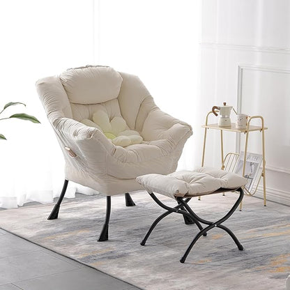 LITA Lazy Chair with Ottoman, Modern Accent Leisure Upholstered Sofa Chair, Contemporary Lounge Reading Chairs with Armrests and a Side Pocket for Living Room, Bedroom & Small Space, Beige