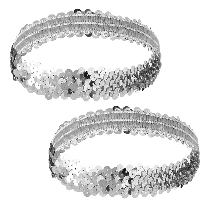 2Pcs Silver Sequins Headband for Women - 80s 90s Themed Sparkle Glitter Vintage Hair Accessories for Disco Party Club Concert Women
