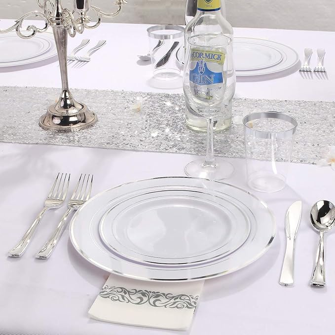 I00000 700 Piece Silver Dinnerware Set for 100 Guests-100 Dinner Plates, 100 Dessert Plates, 100 Disposable Cups 10 oz, 100 Paper Napkins, 100 Plastic Silverware Set Perfect for Party & Wedding