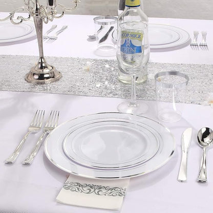 I00000 700 Piece Silver Dinnerware Set for 100 Guests-100 Dinner Plates, 100 Dessert Plates, 100 Disposable Cups 10 oz, 100 Paper Napkins, 100 Plastic Silverware Set Perfect for Party & Wedding