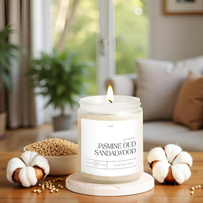 Jasmine, Oud & Sandalwood Scented Candles for Home, Natural Soy Wax Aromatherapy Non Toxic Candle Gifts for Women Men, Home Fragrance Decoration Glass Jar Candle for Relaxation (9oz White