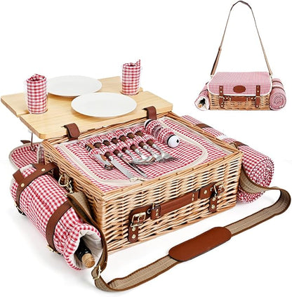 Multifunctional Wicker Picnic Basket Set for 2 with Blanket and Picnic Table, Insulated Picnic Set with Full Tablewares for Camping Outdoor Couples, Gingham