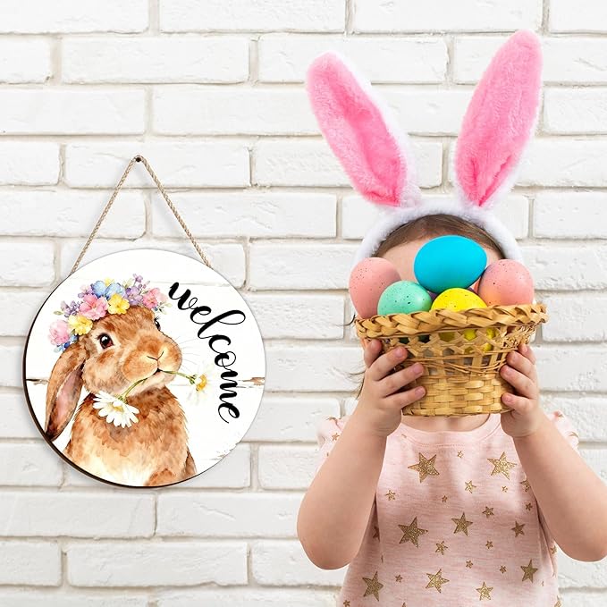 Kercan Easter Decor Door Sign, Religious Easter Decorations for Home, Spring Welcome Sign for Front Door, Bunnies Wood Signs, Bunny Egg Decor Wood Hanging Sign Gifts