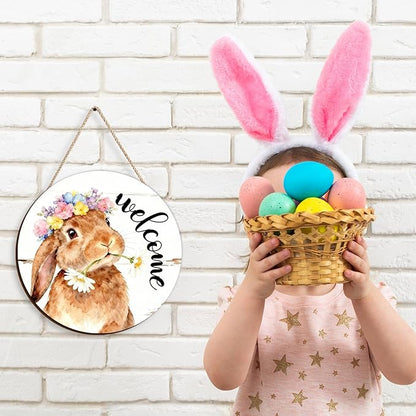 Kercan Easter Decor Door Sign, Religious Easter Decorations for Home, Spring Welcome Sign for Front Door, Bunnies Wood Signs, Bunny Egg Decor Wood Hanging Sign Gifts