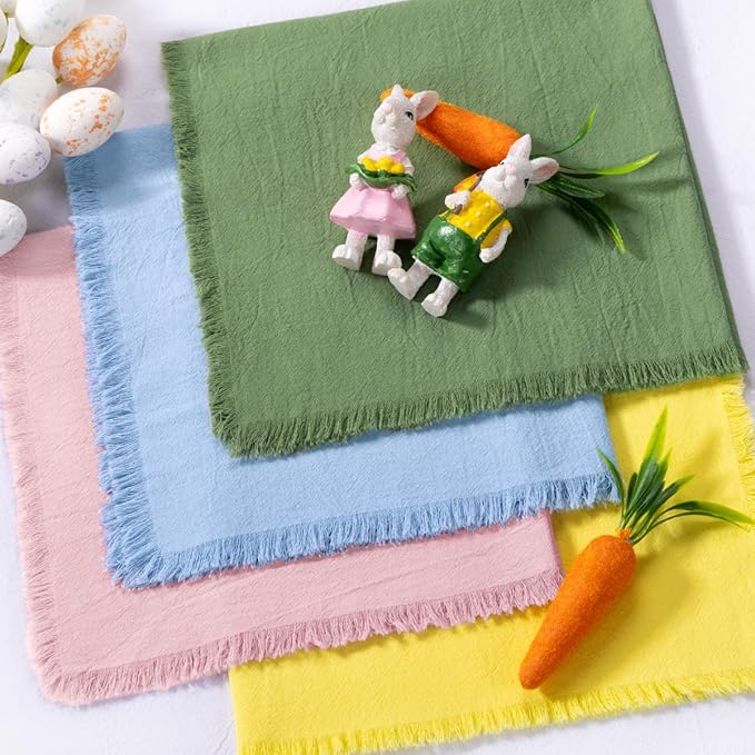 12 Pack Mixed Easter Color Cotton Linen Napkins with Fringe Easter Spring Cloth Napkins Set of 6 12 Boho Handmade Dinner Napkins Bulk for Wedding Bridal Baby Boy Shower Parties, 17 x 17