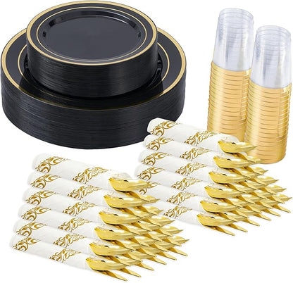 175 Pcs Black Gold Disposable Plates for 25 Guests, Disposable Plastic Plates, Dinnerware Set Include 25 Dinner Plates, 25 Salad Plates,25 Cups, 25 Paper Napkins for Party, Wedding